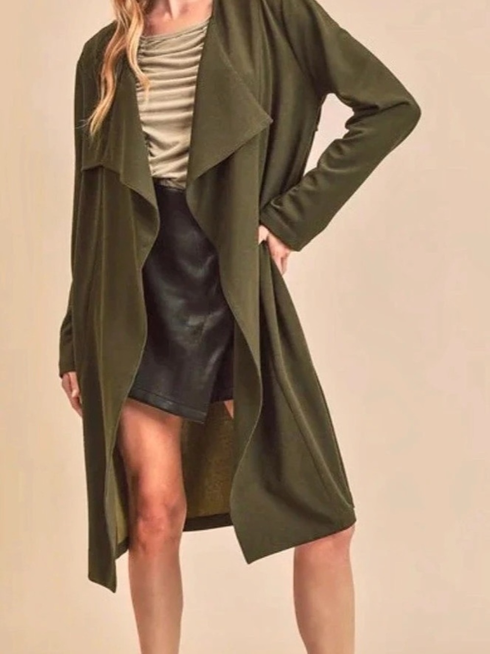 AEMI + CO Olive Draped Front Loose Coat Size Large Like New